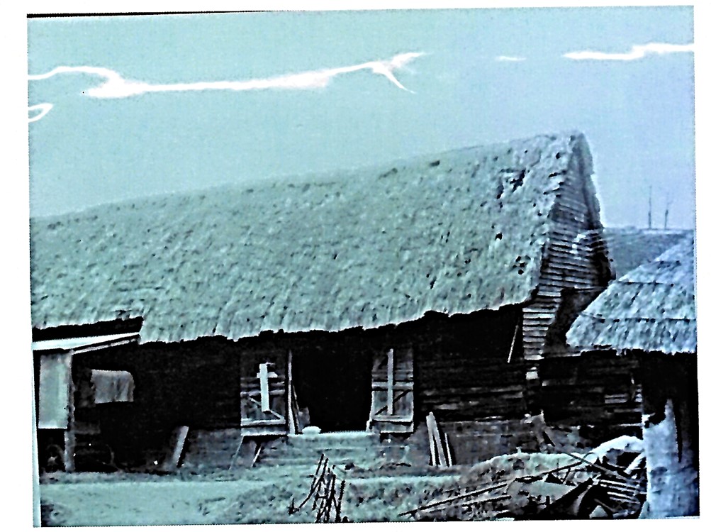 black and white photo of a thatched barn