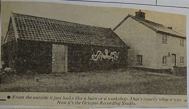 Black and White press cutting showing the exterior of Octopus Recording Studio in Saxham Street, Stowupland