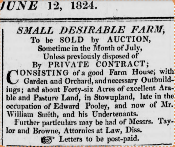 1824 advert for sale of Stowupland Farm