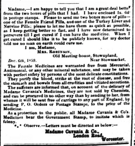 1859 Mrs Robinson's endorsement for Female Friend Pills
