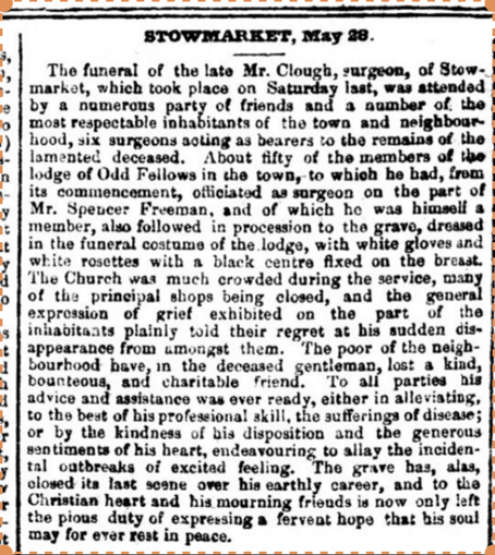 1849 press report on funeral of Stowmarket surgeon Mr Clough