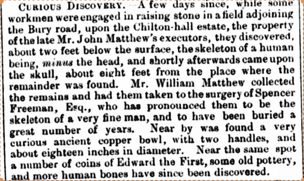 1861 press cutting about discovery of a skeleton