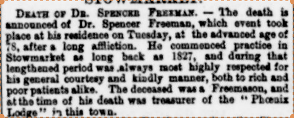 1883 report of the death of Spencer Freeman