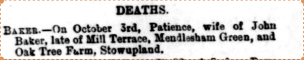 death notice for the wife of John Baker 1907