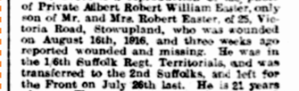 press cutting 1916 missing soldier