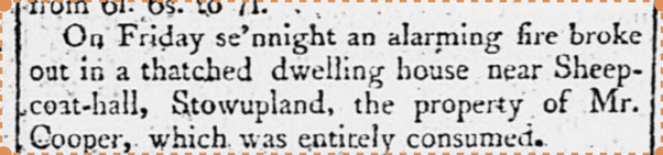1807 report of a fire at Sheepcote Hall