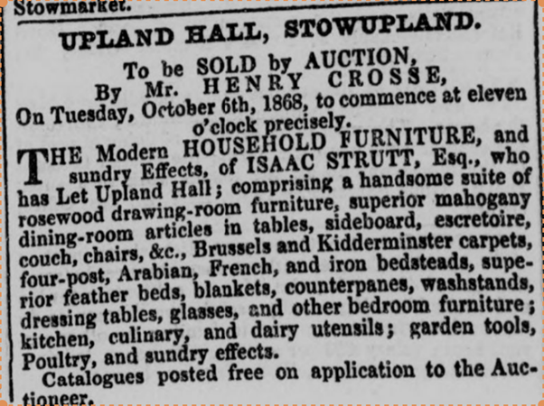 Details of property tof Isaac Strutt o be sold in 1868