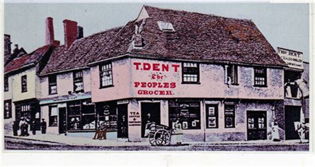 Early coloured photo of Dents shop in Stowmarket