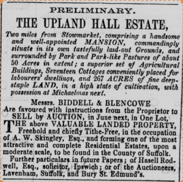1870 Advertisement for sale of Stowupland Hall Estate