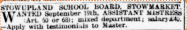 1898 advert for an assistant mistress, salary £40.00