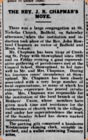 1936 article about the Rev Chapman's move to Bedfield.