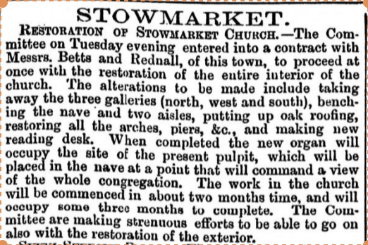 1864 press report on plans to renovate Stowmarket church