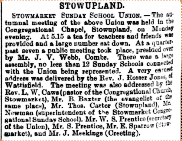 1890 news report on a meeting of the Stowmarket Sunday School Union.