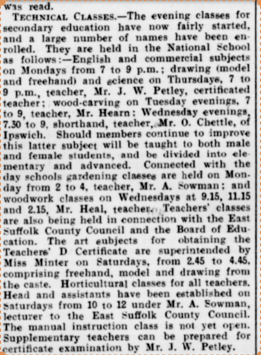 1906 press report of evening class subjects