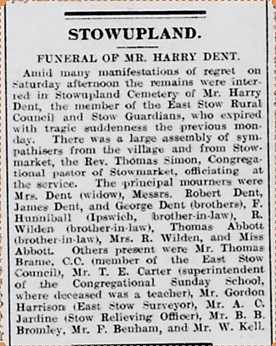 1912 report on the funeral of a Harry Bent of Stowupland