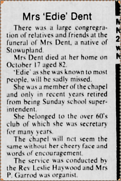 1981 funeral report for Mrs E Dent