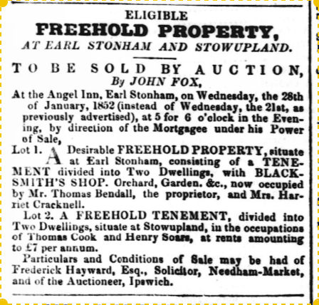 1852 advert for auction of Saxham Street properties