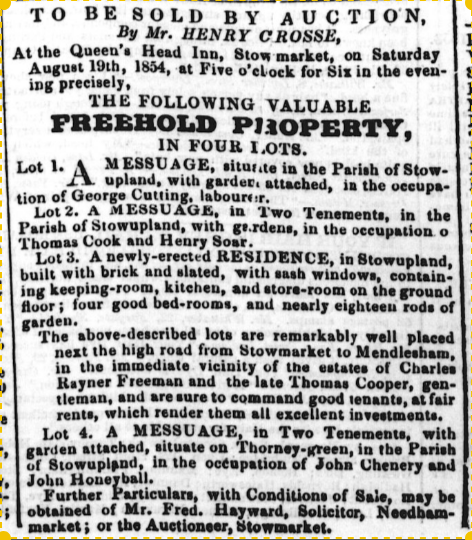 1854 advert for sale of 4 properties