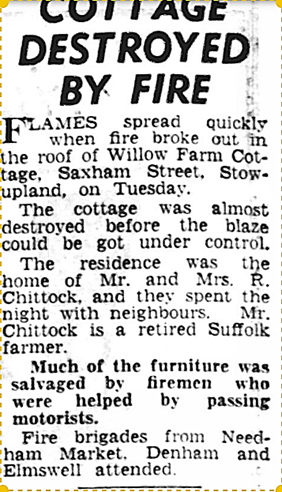 1955 report of fire destoying Willow Farm Cottage