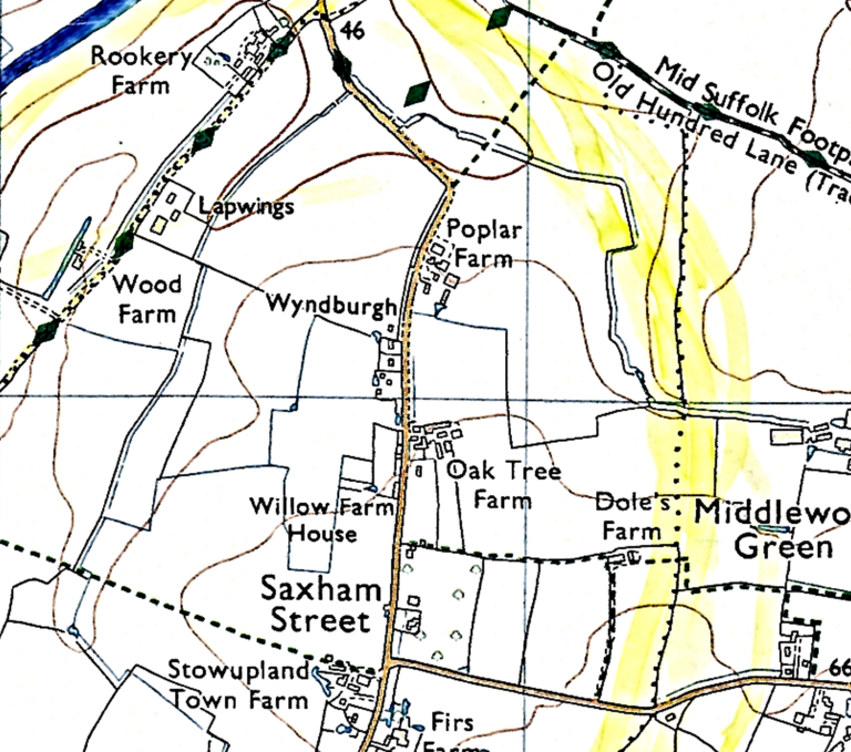 black and white map of section of Saxxham Street, Stowupland
