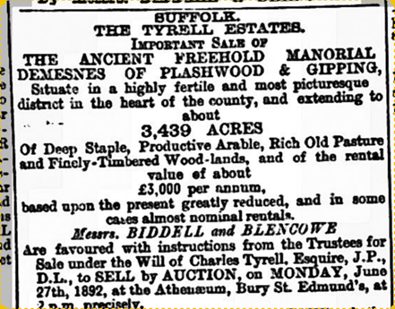 1892 newspaper announcement of sale of Tyrell estate