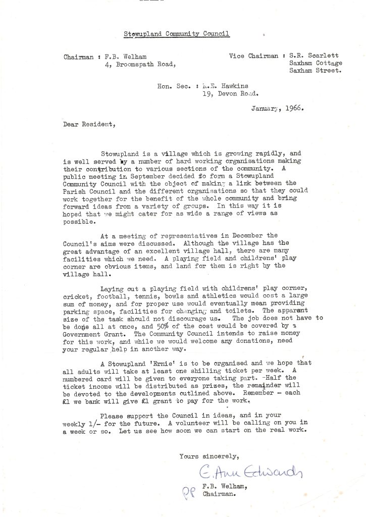 1966 typed letter sent to local residents explaining the purpose of Stowupland Community Council