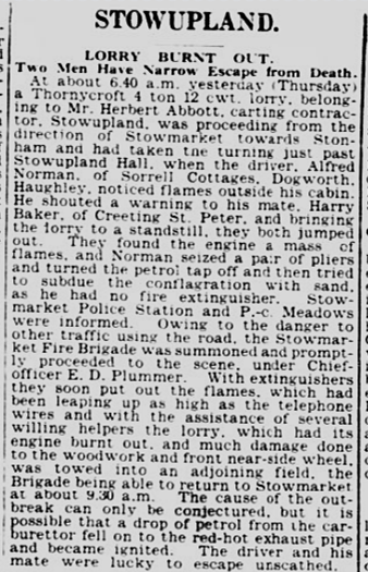 1933 report of a truck fire